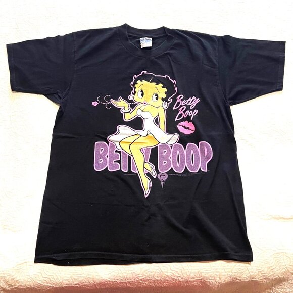 Betty Boop Hug Kisses Shirt Black Large Pink Lips Gildan Heavyweight VTG Cartoon - Picture 1 of 8
